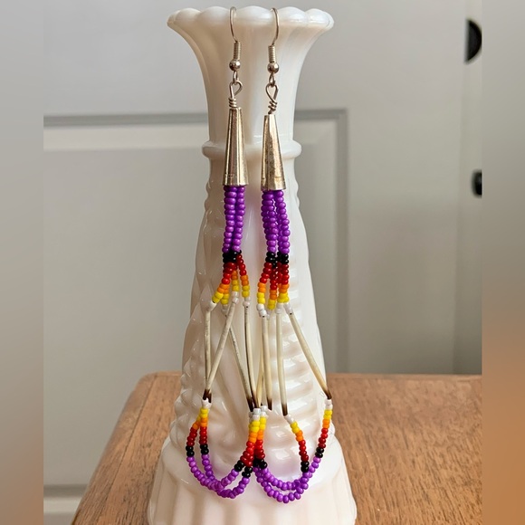 Beautiful Zuni Handmade Beaded Dangle Earrings - Picture 2 of 9